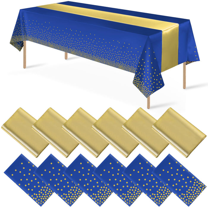 12Pack Disposable Plastic Tablecloths and Satin Table Runner Set Blue and Gold Dot Tablecloth Gold Satin Table Runner for Wedding Birthday Baby Shower Anniversary Christmas New Year Party Decorations