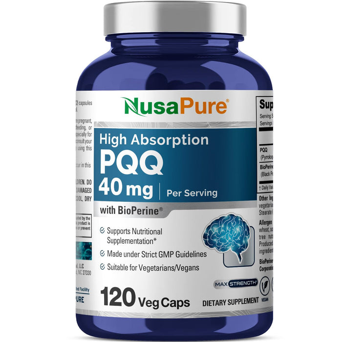 NusaPure PQQ Supplement 40 mg, 120 Veggie Capsules, Non-GMO, Pyrroloquinoline Quinone Disodium Salt, Bioperine