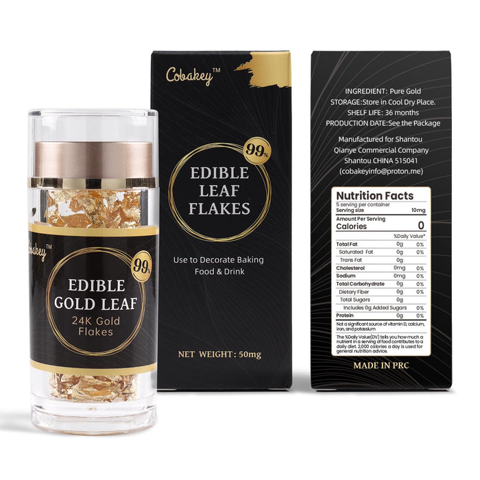 Cobakey Genuine Edible Gold Leaf Flakes - 50mg Edible Gold Flakes for Cake Decoration (Cupcake, Chocolate, Steak, Drink & Cooking), PureGold Leaf with Edible Glitter & Wooden Tweezers