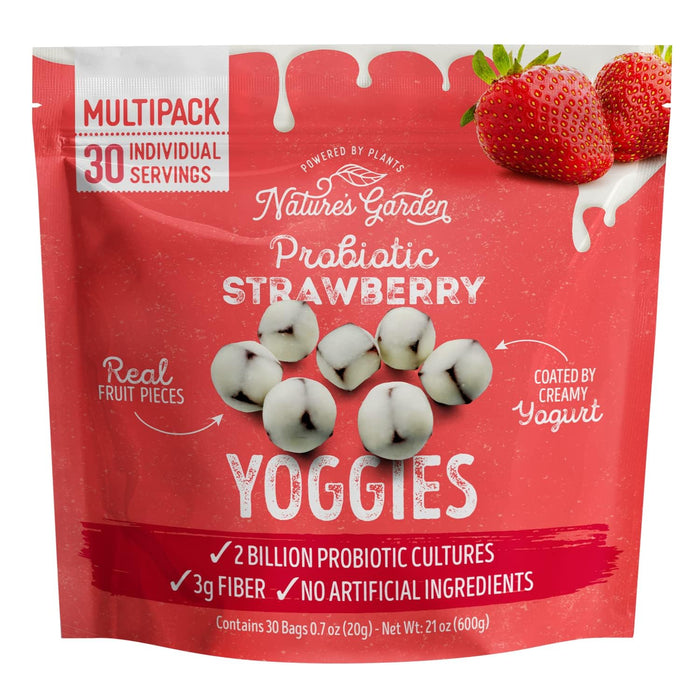 Nature's Garden Probiotic Strawberry Yoggie Bites ，Strawberry Yogurt Covered Snack Pack, High Fiber, Delicious Real Fruit Pieces, No Artificial Ingredients, Healthy Snack for Adults ，21oz (30 x 0.7oz)