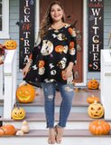 MONNURO Womens 3/4 Sleeve V Neck Plus Size Flowy Swing Tunic Tops Loose Halloween Shirts for Women Wearing with Leggings (Skull Halloween Black,5X