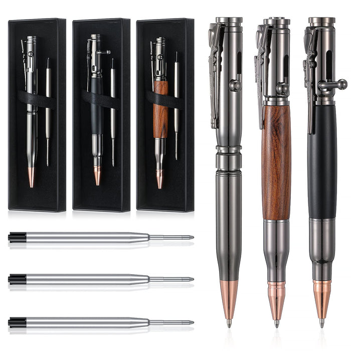 Crtiin 3 Sets Bolt Bullet Pens for Men, Wood Gray Black