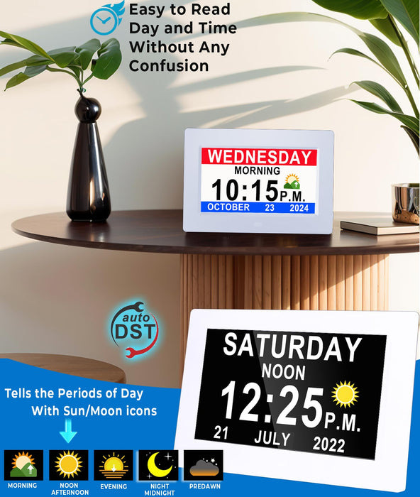 【2024 New】 19 Alarms Digital Clock with Auto DST, Sun Moon Icons, 20 Custom Reminders, 10-Level Auto Dimmer, 6 Display Modes, Day Date Calendar Clock for Seniors Dementia Alzheimers'- 7" with Remote