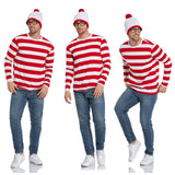 URATOT Adult Men Halloween Costume Sets Red and White Striped Tee Shirt Beanies with Nerd Glasses