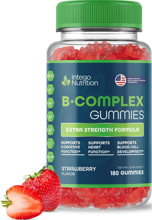 Vitamin B Complex Gummies for Adults, B Complex Vitamin Supplement for Women and Men, B Vitamins Complex Gummies for Energy and Brain Health, Natural Strawberry Flavor, 180 Count - Intego Nutrition