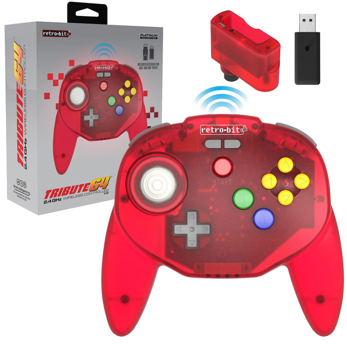 Retro-Bit Tribute 64 2.4 GHz Wireless Controller V2 for Nintendo 64 (N64), Switch Online, PC, MacOS, RetroPie, Raspberry Pi and Other USB Devices (Clear Red)