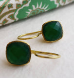 Cushion Cut Green Onyx Gold Plated Sterling Silver Drop Dangle Earrings - Handmade Jewelry Gift Ideas for Women - Christmas Gift Idea - Birthday Gift - Natural Gem Gemstone Jewelry (Green Onyx)