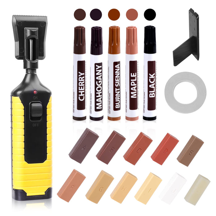 Hardwood Floor Repair Kit - 24 Pcs laminate vinyl wood floor furniture repair kit with 11 Colors Repair Wax Sticks, Restore Any Scratches, Cracks, Stains for Wood Floors, Table, Door, Cabinet
