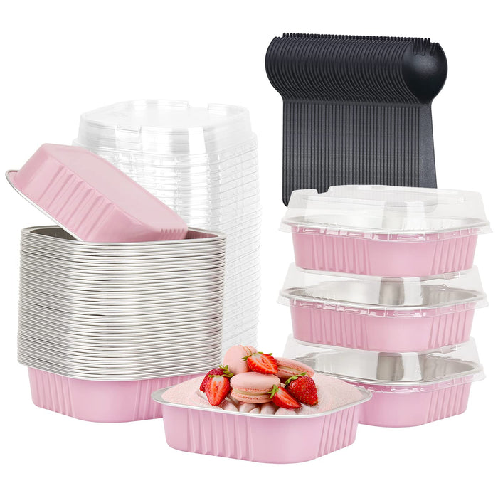 LNYZQUS 4” Mini Pie Tins Muffin Pans With Lids 40 Pack, 7.5oz Aluminum Foil Muffin Tins Individual Small Cake Pans Dishes,Disposable Ramekins Baking Cups Contaniers-Pink