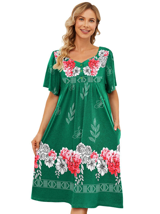 udforsk Women's Nightgown Short Sleeve Lounger House Dress Floral Mumu Patio Dress with Pockets Housedresses for Elderly Green Red Flower S