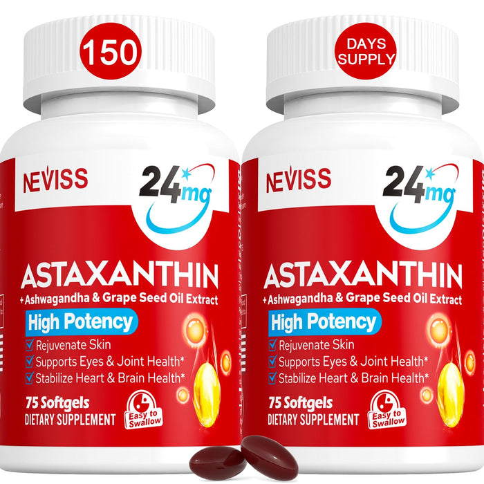 Astaxanthin Supplements 24mg, 5 Month Supply - Coconut MCT Oil, Fresh Microalgae Source w/Grape Seed Oil, Ashwagandha - Antioxidants for Healthy Skin, Eyes, Joints, Non-GMO & Gluten Free, 150 Softgels