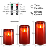 NURADA Flameless Candles with Remote Timer: 3D Wick Battery Operated Led Pillar Candle Fake Candles Set for Wedding Birthday Halloween Christmas Decorations - Red 3 Pack