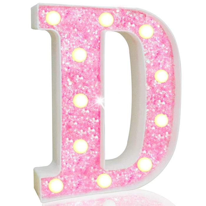 Pooqla LED Marquee Letter Lights, Light Up Pink Letters Glitter Alphabet Letter Sign Battery Powered for Night Light Birthday Party Wedding Girls Gifts Home Bar Christmas Decoration, Pink Letter D