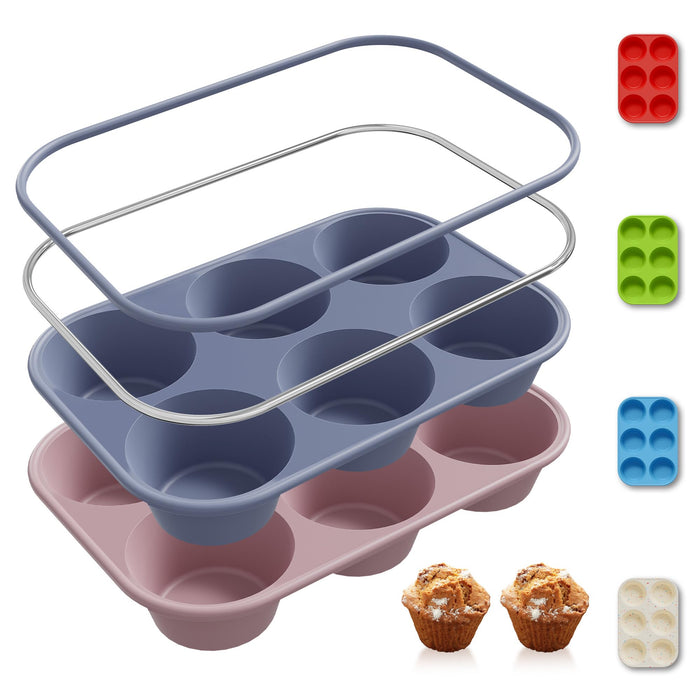 2 Pack 6 Cups Jumbo Muffin Pan with Metal Reinforced Frame Silicone Molds Egg Bites Silicone Circle Cookie Molds Extra Large Muffin Tin Jumbo Tart Pans Baking Sheet Set for Sandwiches