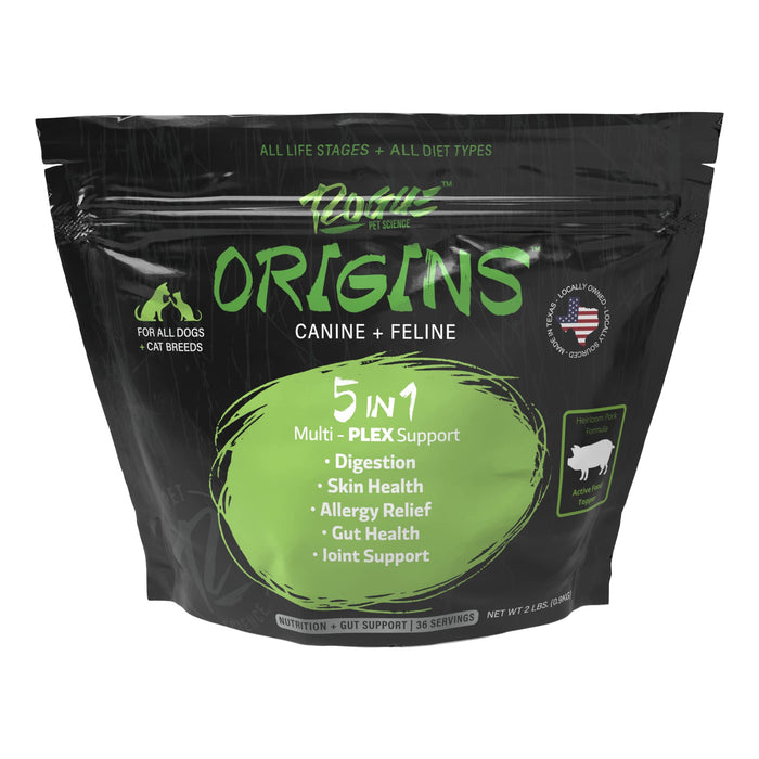 Rogue Pet Science Origins 5-in-1 Dog Supplement - Powdered Food Topper w/Natural Heirloom Pork Protein- Supports Healthy Digestion, Skin, and Coat - Helps Reduce Itching & Joint Inflammation (2 lbs)