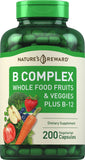 Piping Rock B Complex with Whole Food Fruits & Veggies 200 Capsules | Plus Vitamin B-12 | Non-GMO & Vegetarian Supplement | by Nature's Reward