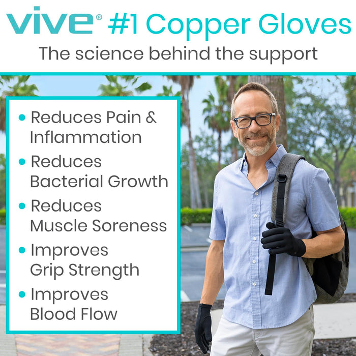 Vive Copper Arthritis Gloves - Full Hand Compression Touchscreen Finger - For Carpal Tunnel, Rheumatoid, Joint Pain, Inflammation - Flexible Wrist and Thumb Pressure Relief for Typing - For Men, Women