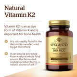 Solgar Vitamin K2 MK7 100mcg Vegetable Capsules Supports Bone Health Natural Whole Food Source from Natto Extract NonGMO Gluten Free Servings, Original, 50 Count