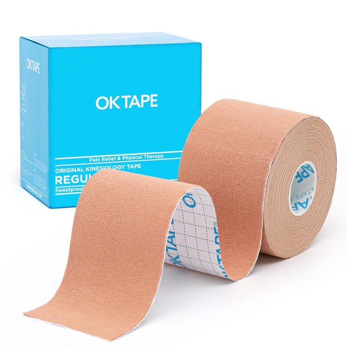 OK TAPE Kinesiology Tape, Regular Original Cotton Elastic Athletic Tape for Support and Recovery, Sports Tape Therapeutic Pain Relief, 2in×16.4ft Uncut Roll - Beige