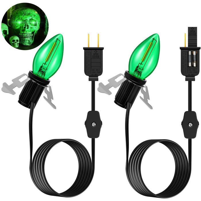 Enhon 2 Pack Accessory Cord with 1 LED Light Bulb, Blow Mold Light with C7 Lamp, Black Cord with On/Off Switch Plug, Christmas Village Light for Holiday Indoor Decor Craft Projects (Green)