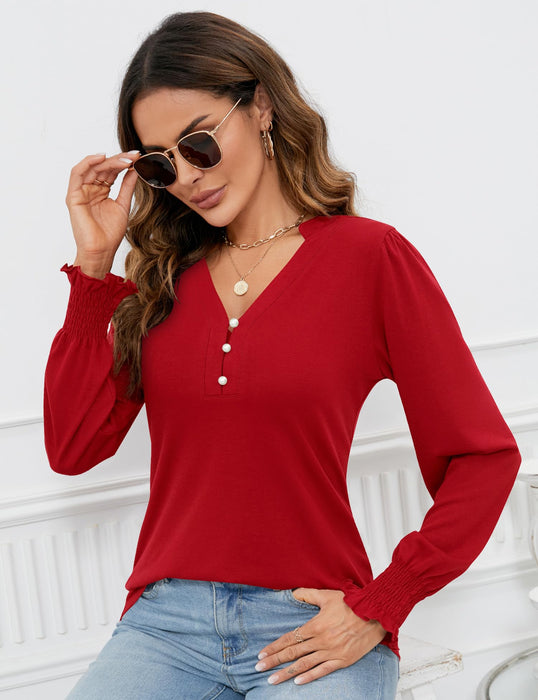 Red Christmas Blouse for Women Dressy Casual V Neck Long Seleeve Tunic Tops Womens Trendy Fashion 2024 Red L