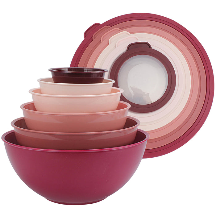 COOK WITH COLOR Mixing Bowls with TPR Lids - 12 Piece Plastic Nesting Bowls Set includes 6 Prep Bowls and 6 Lids, Microwave Safe (Rose)
