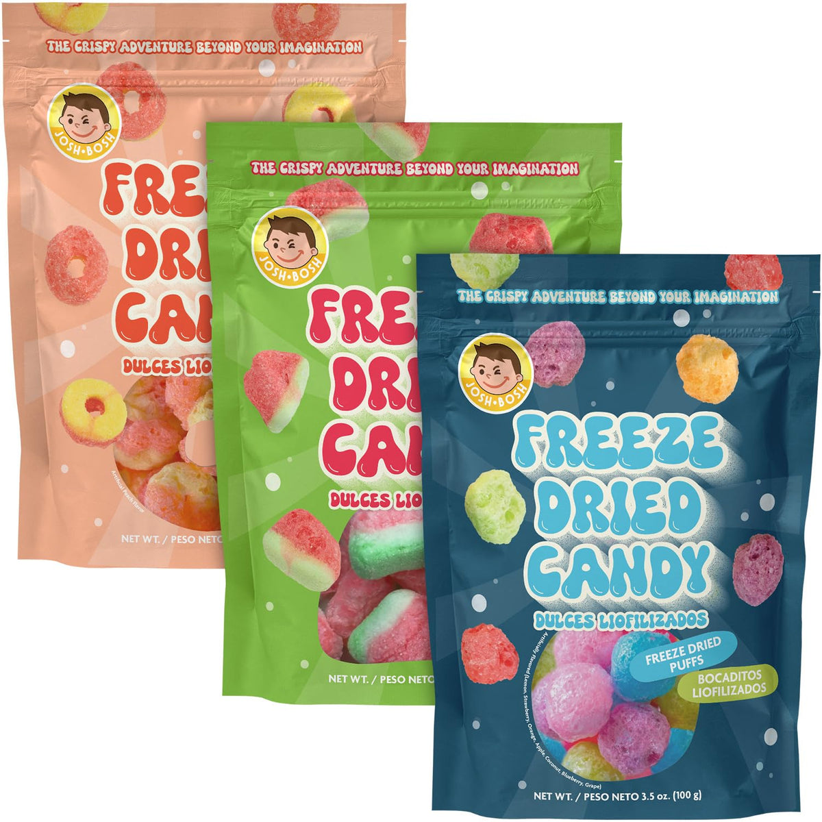 Josh Bosh Freeze-Dried Candy, Variety Pack – Puffs, Peach Rings, & Wat