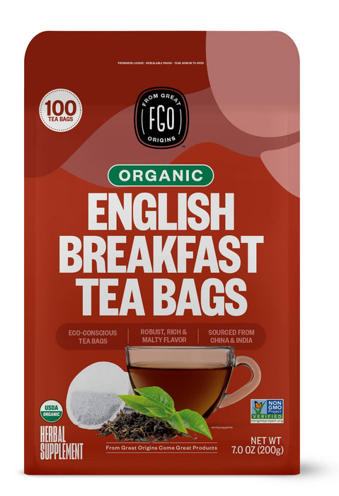 FGO Organic English Breakfast Black Tea, 100 Count, Eco-Conscious Tea Bags, Resealable Bag, Packaging May Vary (Pack of 1)