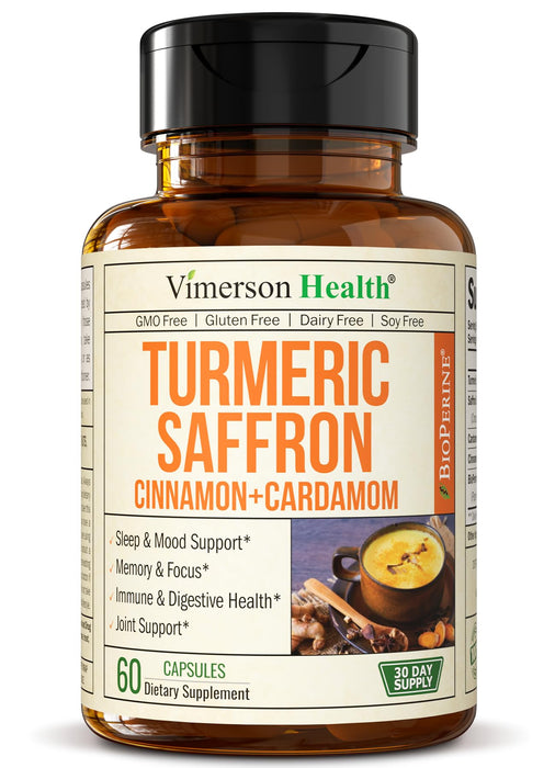 Turmeric Saffron Supplements with Cinnamon powder & Cardamom - Antioxidant Joint Support Supplement Contains Turmeric Curcumin with Black Pepper for Mood, Memory, Eye Health & Well-Being - 60 Capsules