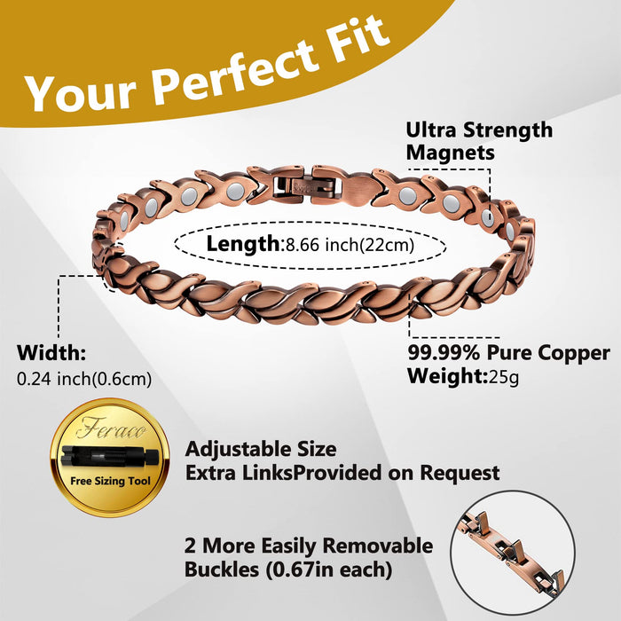 Feraco Copper Bracelet for Women 99.99% Solid Copper Magnetic Bracelets, Unique X Shape Links, Magnetic Field Therapy Jewelry Gifts (Fishtail)