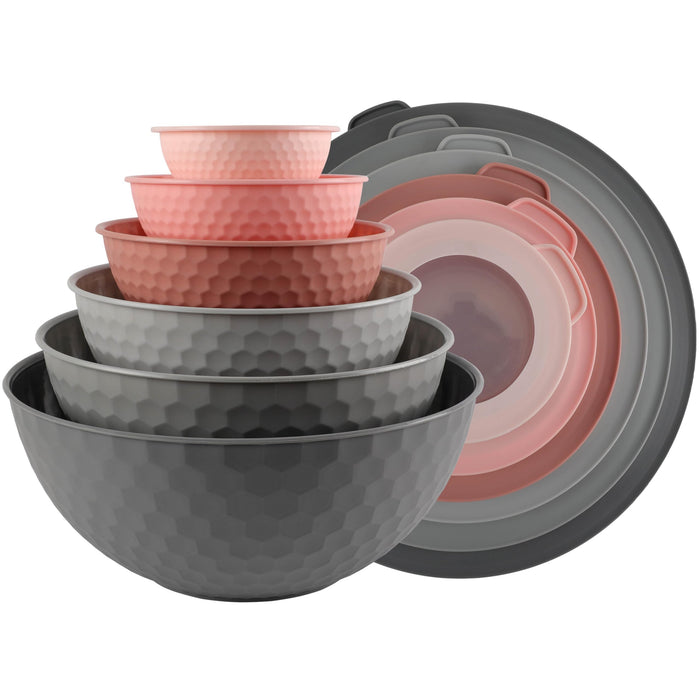 COOK WITH COLOR Mixing Bowls with Lids - 12 Piece Plastic Nesting Bowls Set includes 6 Prep Bowls and 6 Lids, Non Slip Bottom and Embossed Design - Microwave Safe (Pink)