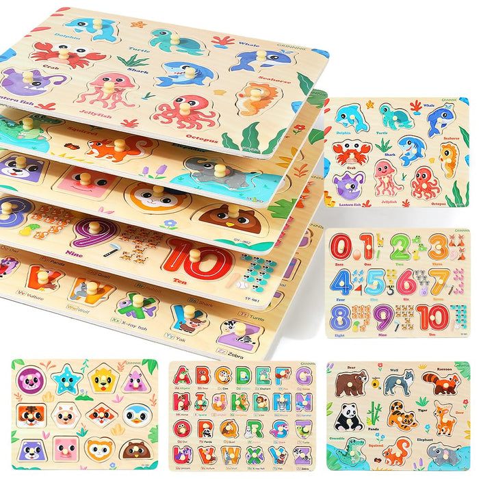 GRINNNIE Wooden Puzzles for Toddlers 3 4 5 Years Old, Montessori Toddler Toys 5PCS Peg Puzzles with Knob - Number, Alphabet, Shape, and Animal, Great Christmas Birthday Gifts for Boys Girls