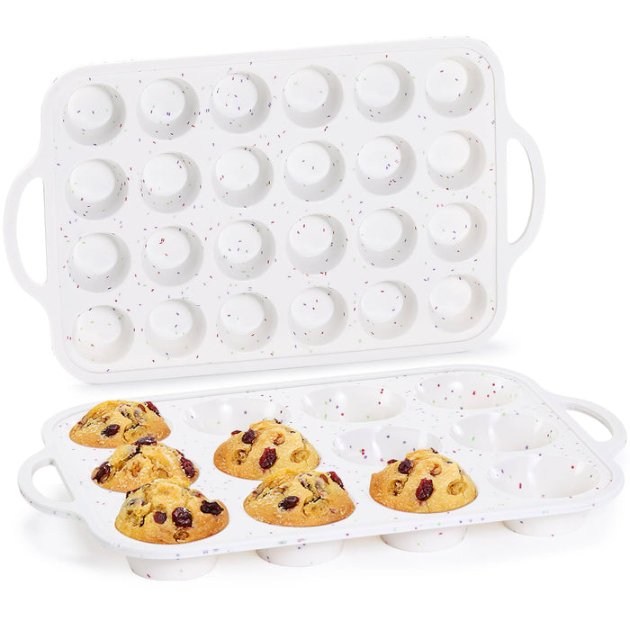 Silicone Muffin Pans for Baking, Metal Reinforced Frame Regular 12 Cups & Mini 24 Cups Cupcake Pan Set Nonstick Muffin Pan for Homemade Baking Easy to Handle