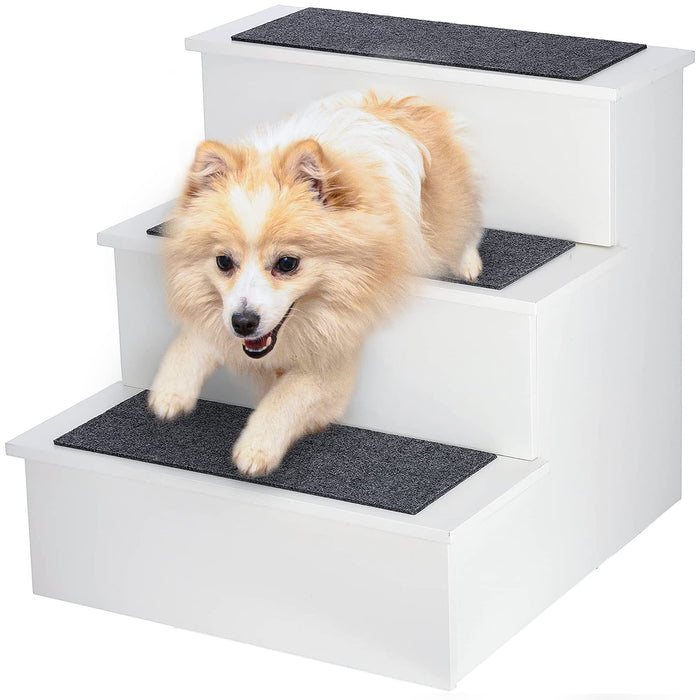 AdirPets Deluxe 3-Step Pet Stairs with Non-Slip Surface and Carpeted Treads - Sleek Pet Steps for Small Dogs, Cats, Elderly or Disabled Pets - Supports Up to 175lbs Weight - White