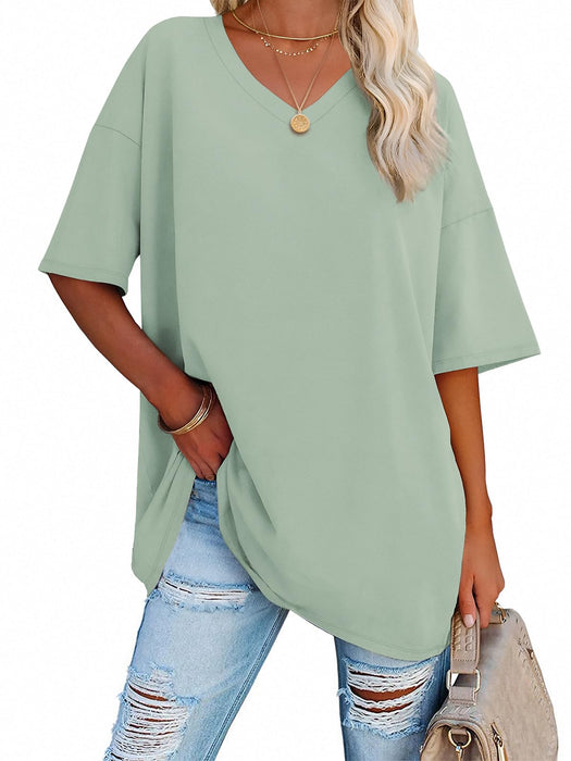 ATHMILE Christmas T Shirts for Women Oversized V Neck Tees Half Sleeve Cozy Comfy Tunic 2024 Y2K Casual Gray Green