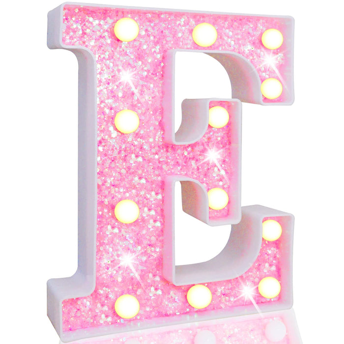 Pooqla LED Marquee Letter Lights, Light Up Pink Glitter Alphabet Letter E Sign Battery Powered for Night Light Birthday Party Wedding Girls Gifts Home Bar Christmas Decoration