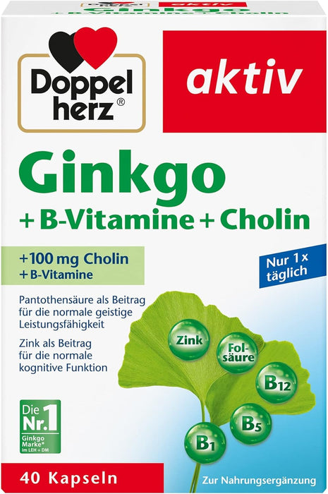 Doppelherz Ginkgo + B Vitamins + Choline - Dietary Supplement with Ginkgo, Vitamin B, Choline, Pantothenic Acid & Zinc to Support Mental Performance - 1 x 40 Capsules