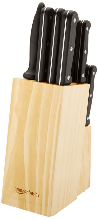 Amazon Basics 14-Piece High Carbon Stainless Steel Kitchen Knife Set with Sharpener and Pinewood Block, Black