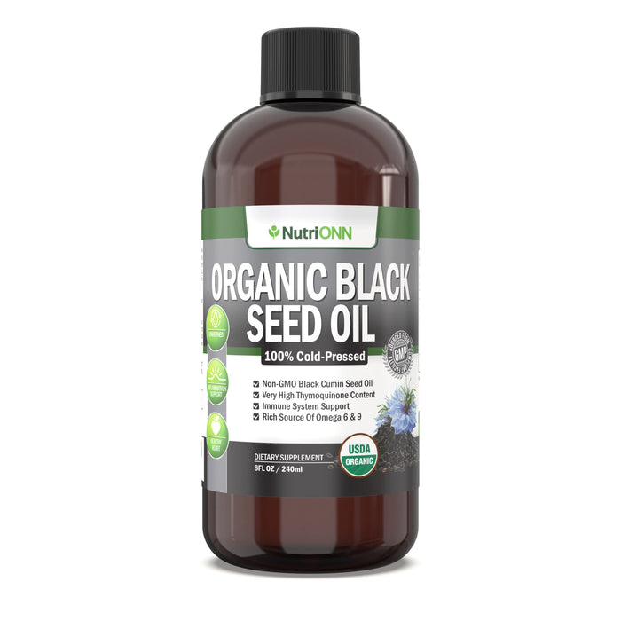 Organic Black Seed Oil - USDA Certified Organic Black Cumin Seed Oil Liquid – High Thymoquinone Content – Non-GMO and Cold-Pressed – Rich Source of Omega-6 & Omega-9 Fatty Acids - 8 Oz