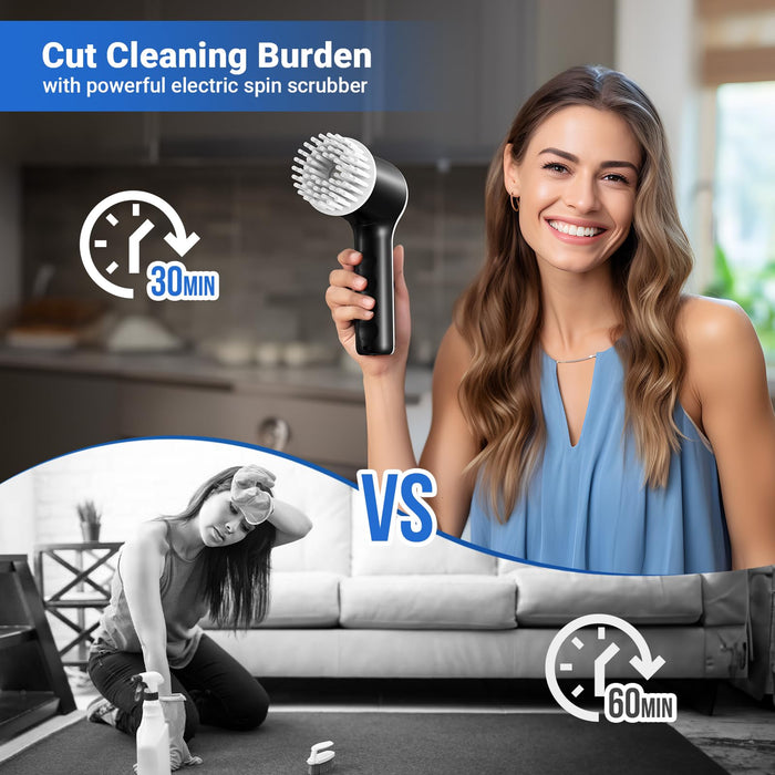 PUFTEM Electric Spin Scrubber, Cordless Shower Scrubber with Battery Level Display, 2 Speeds Electric Scrubber for Cleaning with 6 Replaceable Heads, Electric Cleaning Brush for Bathroom/Sink/Window