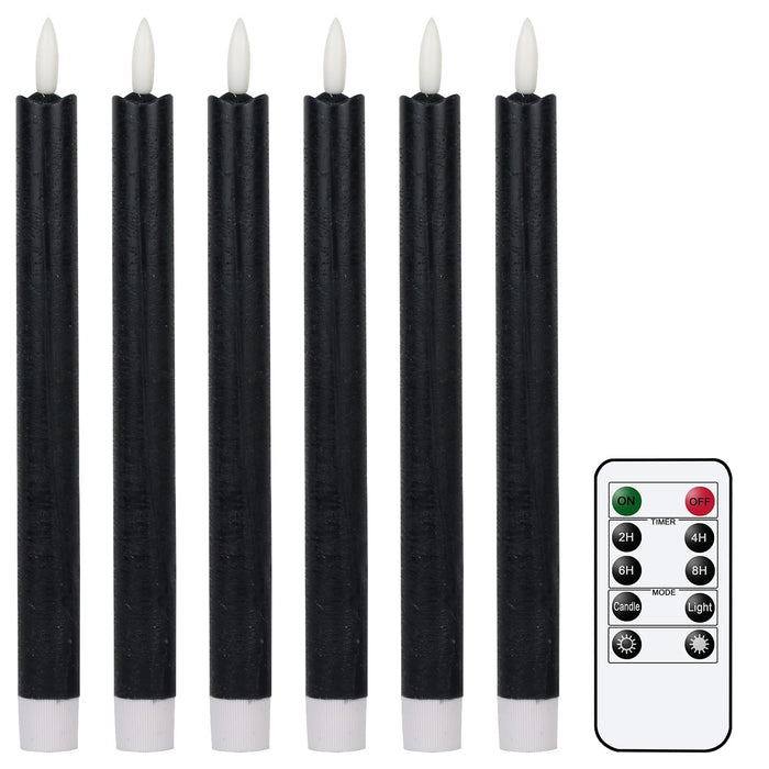 GenSwin Flameless Black Taper Candles Flickering with 10-Key Remote, Battery Operated Led Warm 3D Wick Light Window Candles Real Wax Pack of 6, Christmas Home Wedding Decor(0.78 X 9.64 Inch)