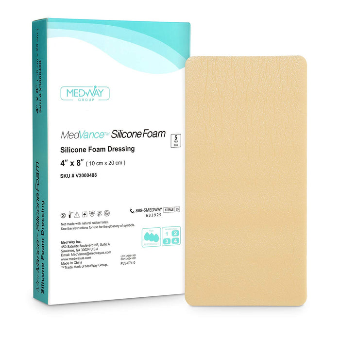 MedVance TM Silicone - Silicone Adhesive Foam Absorbent Dressing, 4"x8", Box of 5 dressings