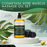 Cosmetasa Sore Muscle Massage Oil with Massage Hot Stones - Soothes Muscle and Joint with Arnica Extract, Peppermint, Chamomile, and Lavender Oil