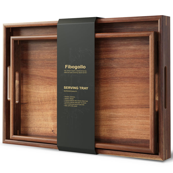 Fibogollo Set of 2 Acacia Wood Serving Tray with Handles