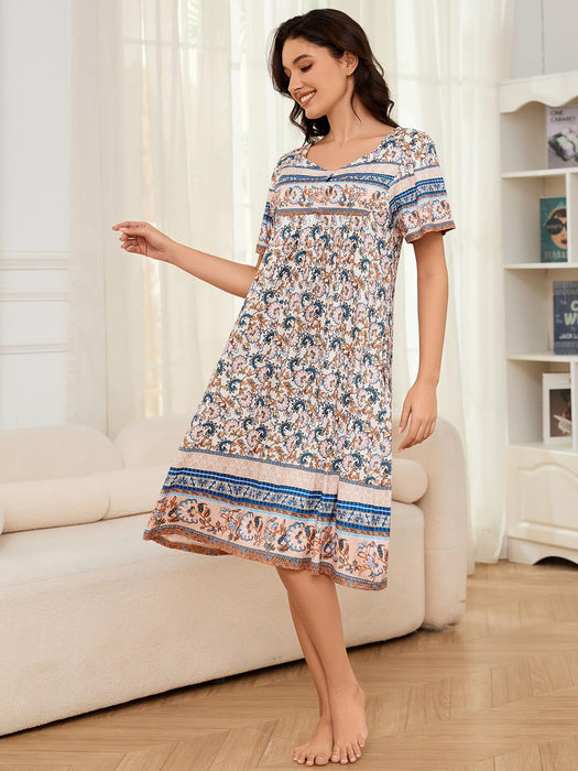 CRIPOM House Dress for Women Nightgown Plus Size Mumu Dresses Summer Lounge Dresses Duster Housecoats Elderly Moo Moos Patio Dress Florar Sleepwear Momo Dresses for Women Fan-Shaped Flower XL