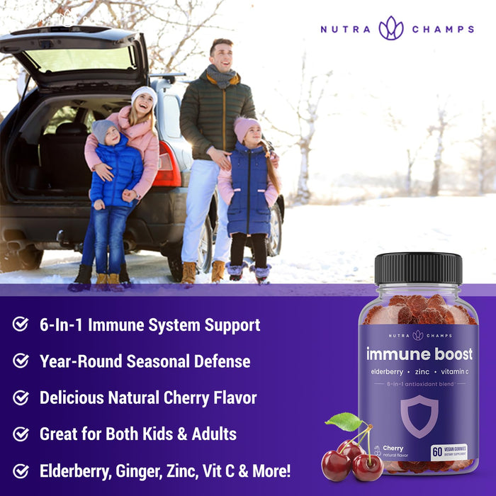 Immune Support Gummies | Powerful Blend of Elderberry, Vitamin C, Zinc, Echinacea, Astragalus Root & Ginger | Immune Boosters for Adults & Kids Supplement | Vegan & Non-GMO | Cherry | 60 Ct (2 Pack)