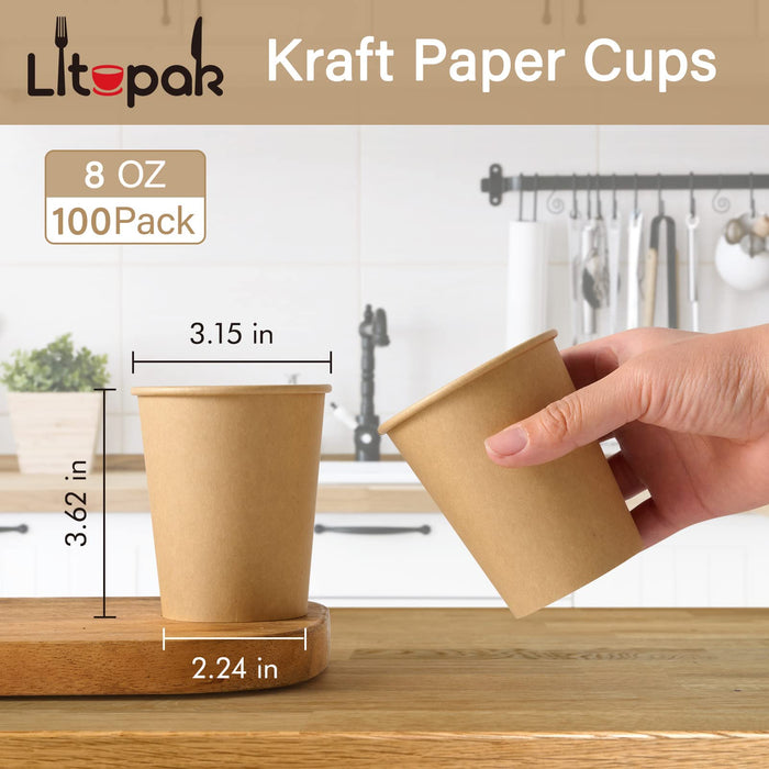 LITOPAK 100 Pack 8 oz Kraft Paper Cups, Disposable Coffee Cups, Disposable Drinking Cups, Hot Coffee Cups, Paper Coffee Cups for Water, Coffee, Juice, and Tea