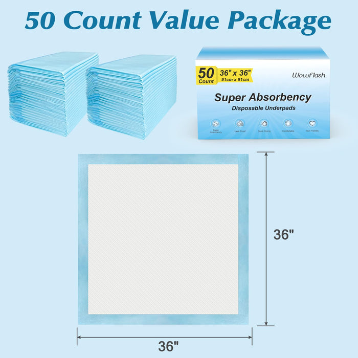 50 Count 36” x 36” Super Absorbency Disposable Underpads, Leakproof Quick Drying Disposable Pads for Baby, Puppy & Adults, Bed Pads Disposable Adults, Chucks Pads Incontinence Pads, Chux Dog Pee Pads