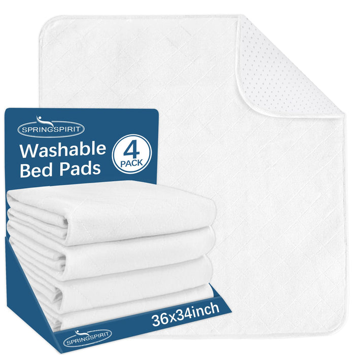 Waterproof Incontinence Bed Pads 34'' x 36'' (Pack of 4), Washable Underpad Chuck Pads for Bed, Reusable Pee Pads for Adults, Elderly, Kids, Toddler and Pets, White