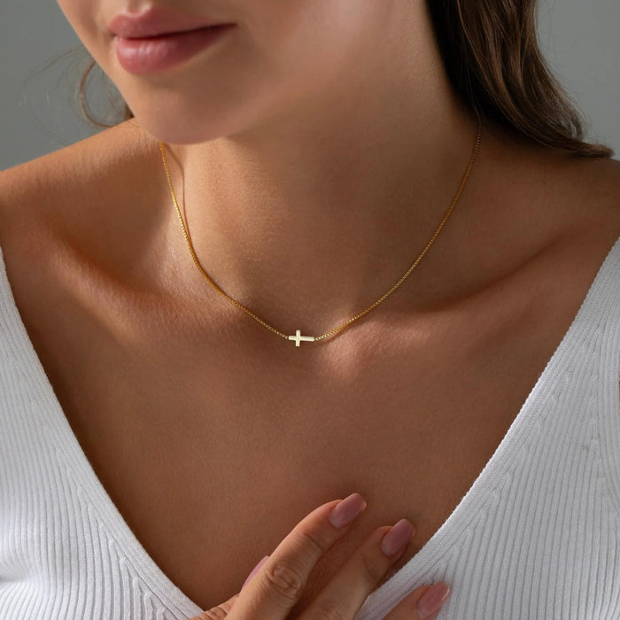 Rotnso Cross Necklace for Women 14K Gold Plated Dainty Small Sideways Cross Pendant Choker Simple Trendy Cute Cross Charm Box Chain Necklace Faith Jewelry Religious Minimalist Gift